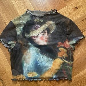 Whimsigoth Oil Painting Fine Mesh Semi-sheer Top w/ Lettuce Hems